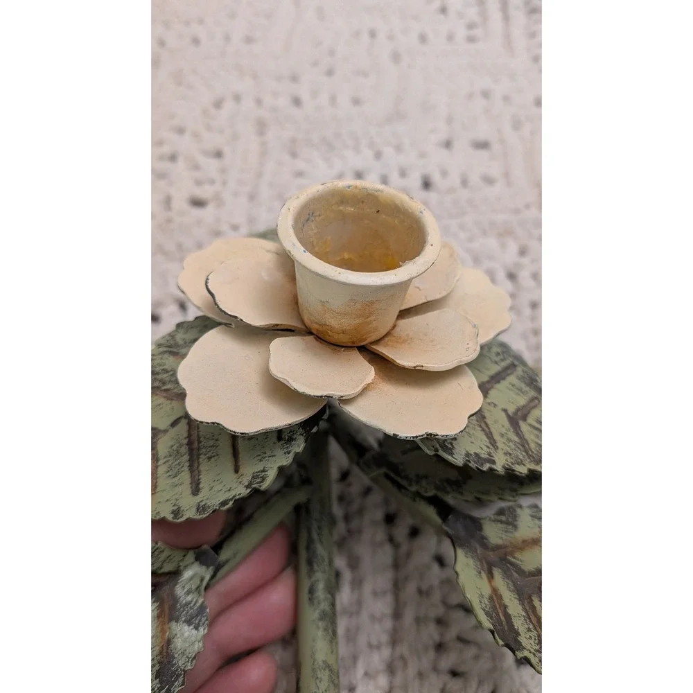 Vintage Metal Rose Floral Taper Candle Holders Pair Green Cream 9x6 Cottagecore